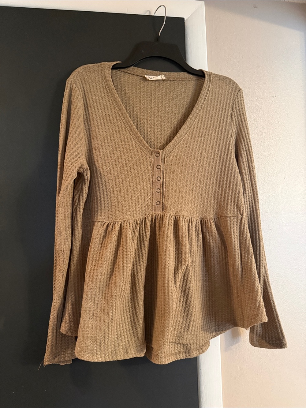 Waffle-Knit Peplum Henley Tunic in Taupe